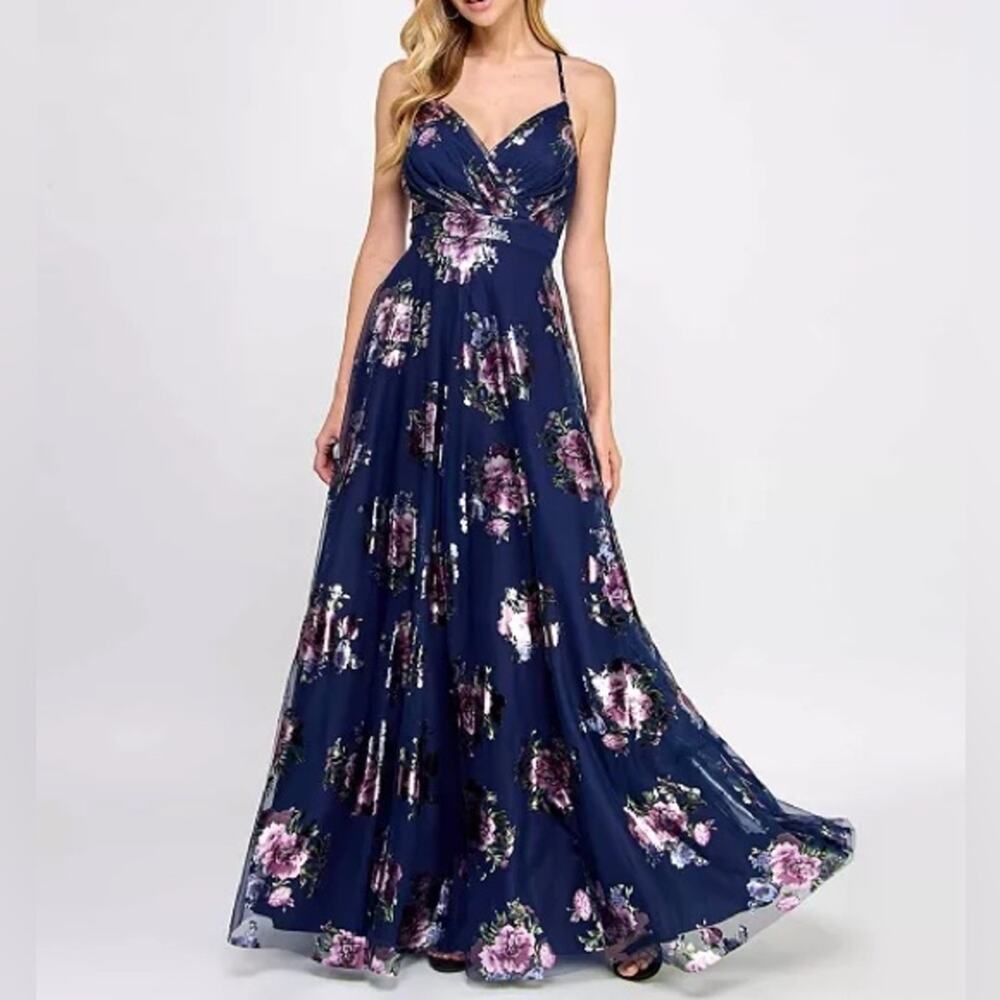 City Studios Juniors' Strappy Floral Metallic Mesh Gown Navy/Purple Sz 7/8